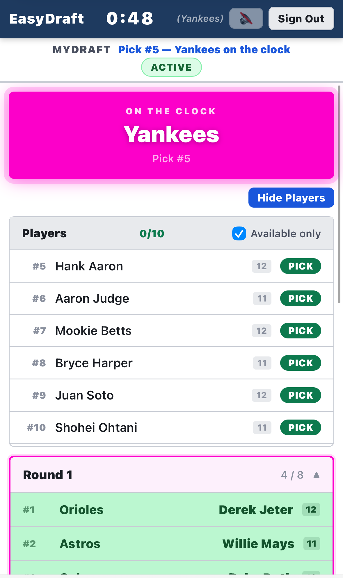 ezDraft mobile coach pick view